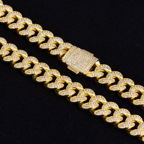 12mm Iced Out Cuban Link Necklace and Bracelet Set in 14K Gold KRKC