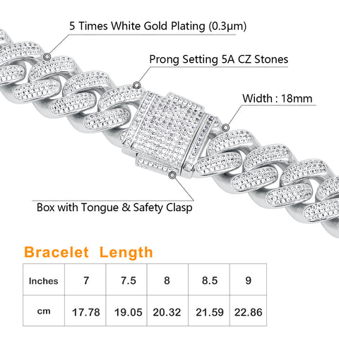 KRKC 18mm Iced Out Mens Cuban Chain and Bracelet Set in White Gold
