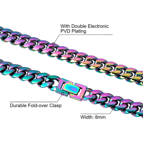 KRKC 8mm Rainbow Mens Miami Cuban Link Chain and Bracelet Set