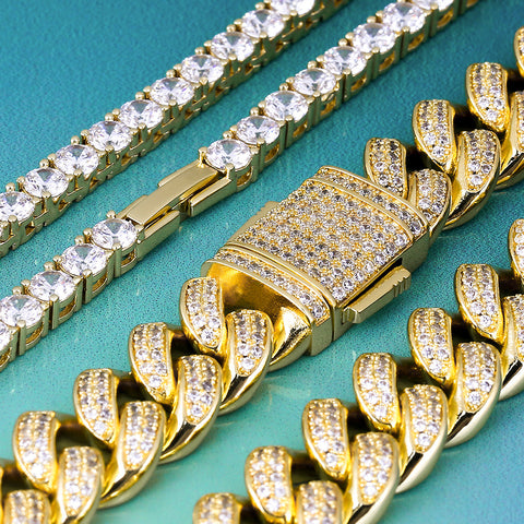 Iced Out Cuban Link Chain and Tennis Chain Set in 14K Gold KRKC