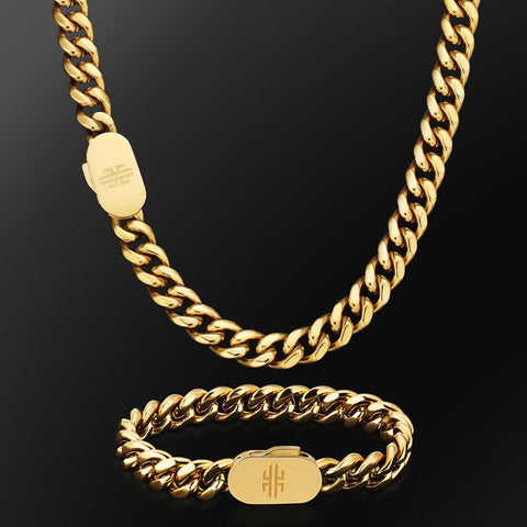 Push Button Clasp  10mm Miami Cuban Link Chain and Bracelet Set in 18K Gold KRKC
