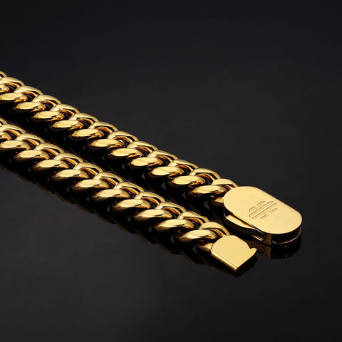 Push Button Clasp  10mm Miami Cuban Link Chain and Bracelet Set in 18K Gold KRKC