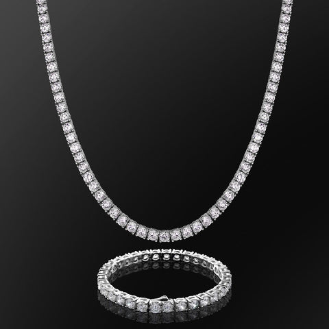 KRKC 5mm CZ Diamond Mens Tennis Chain and Bracelet Set in White Gold